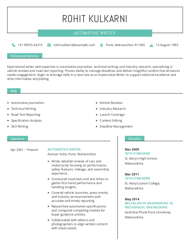 Automotive Writer Resume format in Word - Free Download