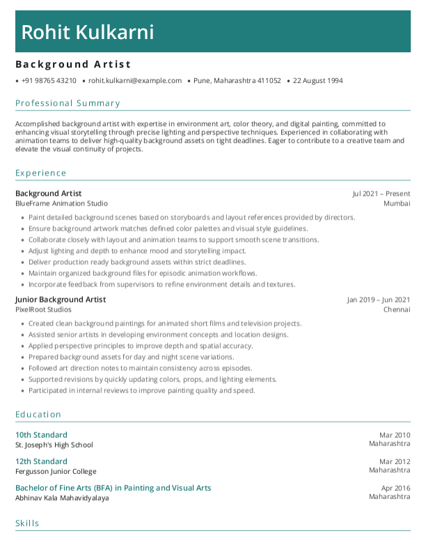 Background Artist Resume format in Word - Free Download