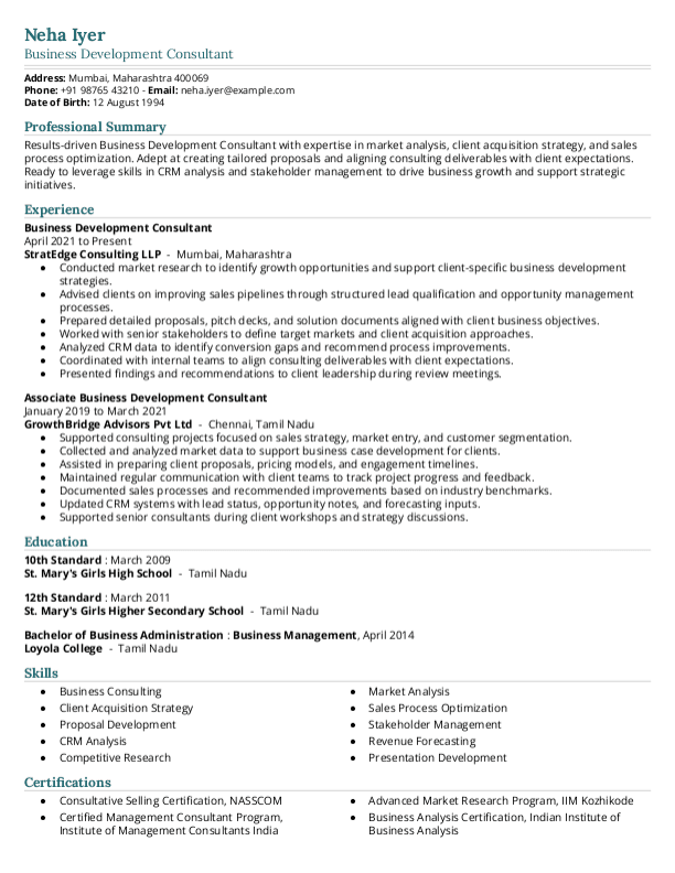 Business Development Consultant Resume format in Word | Free Download