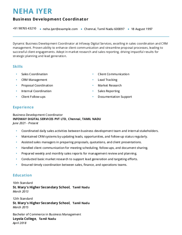 Business Development Coordinator Resume format in Word - Free Download