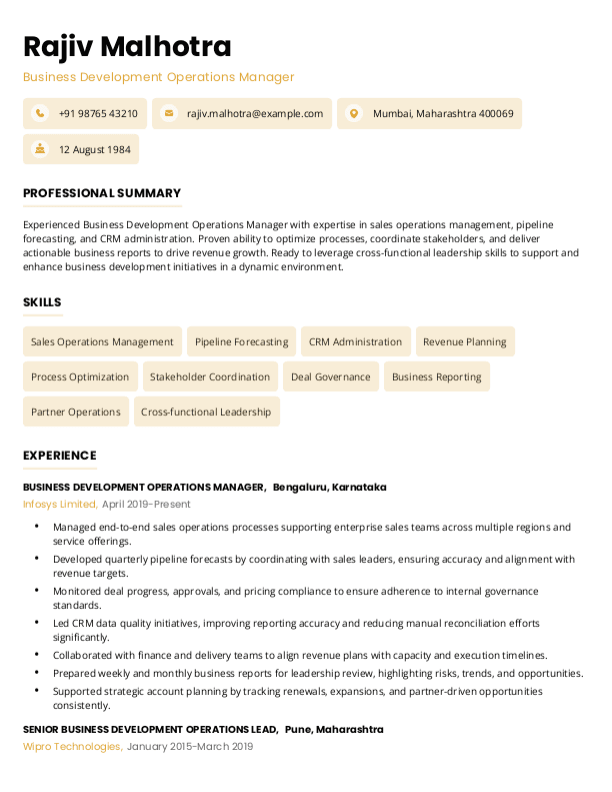 Business Development Operations Manager Resume format in Word - Free Download