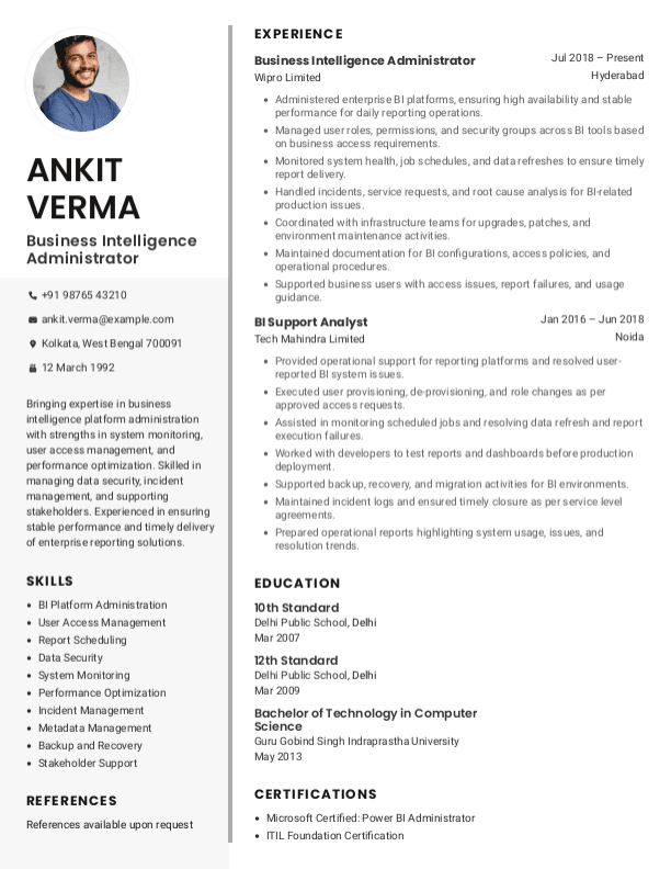 Business Intelligence Administrator Resume format in Word - Free Download