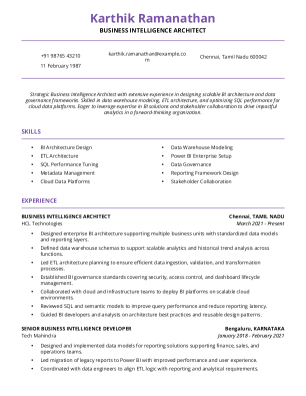 Business Intelligence Architect Resume format in Word | Free Download