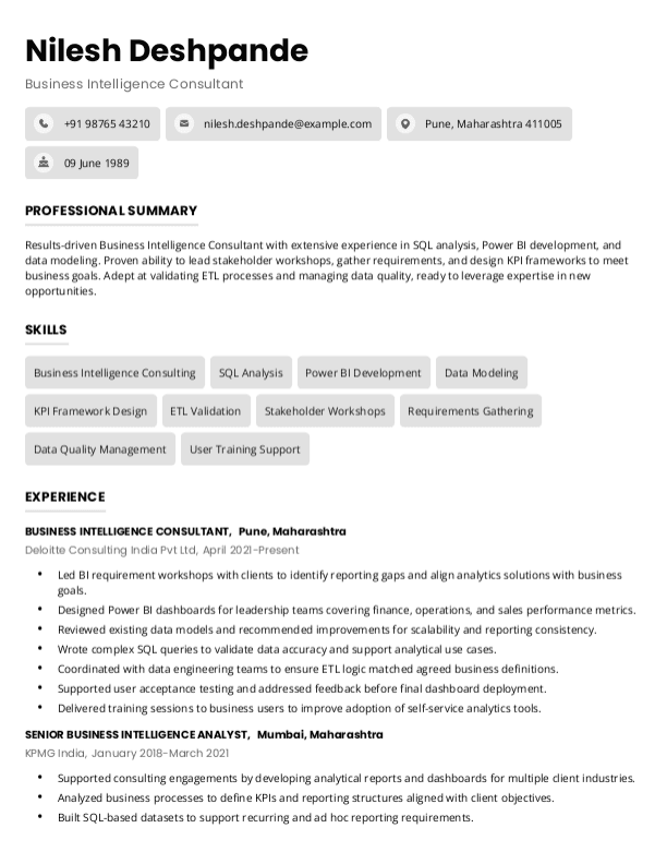Business Intelligence Consultant Resume format in Word | Free Download