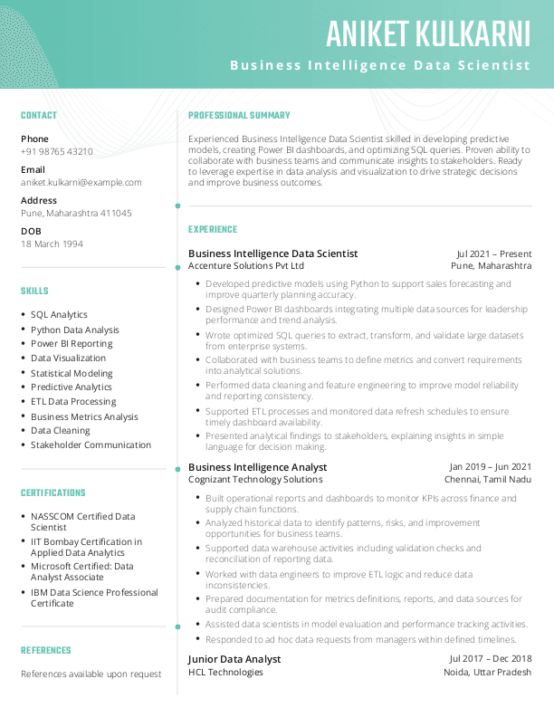 Business Intelligence Data Scientist Resume format in Word | Free Download