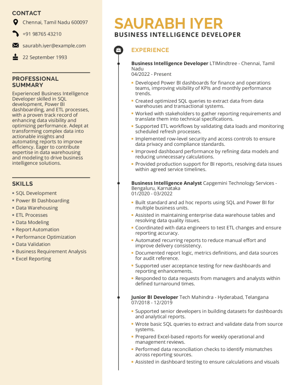 Business Intelligence Developer Resume format in Word | Free Download