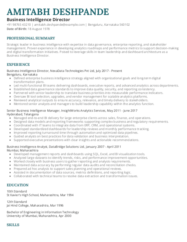 Business Intelligence Director Resume format in Word - Free Download