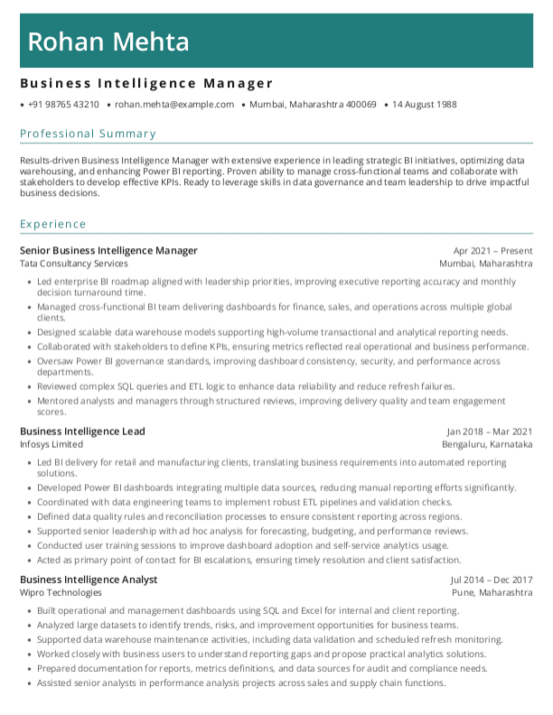Business Intelligence Manager Resume format in Word | Free Download