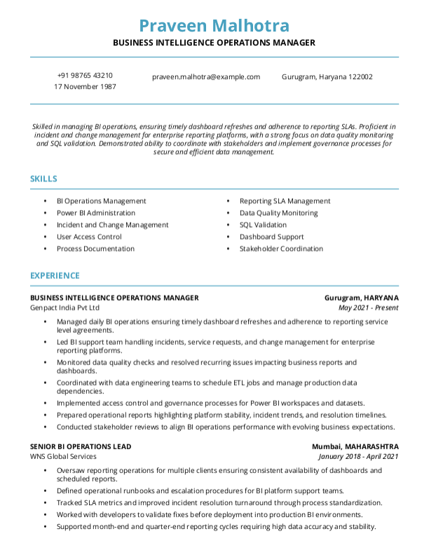 Business Intelligence Operations Manager Resume format in Word | Free Download