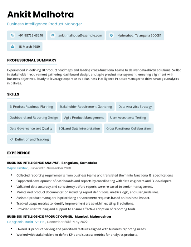 Business Intelligence Product Manager Resume format in Word - Free Download