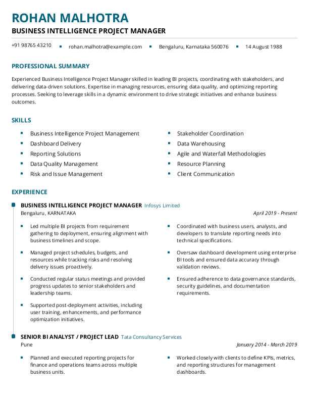 Business Intelligence Project Manager Resume format in Word - Free Download