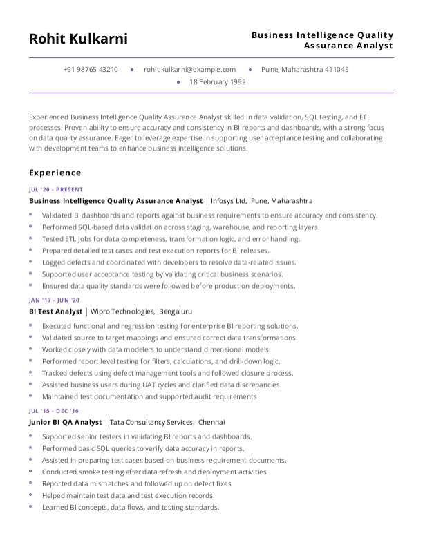 Business Intelligence Quality Assurance Analyst Resume format in Word - Free Download