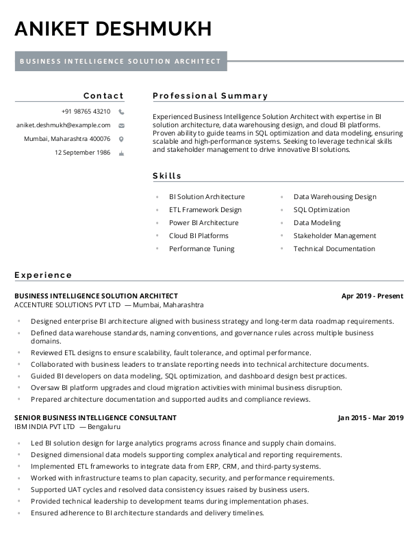 Business Intelligence Solution Architect Resume format in Word - Free Download
