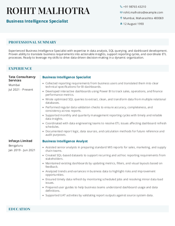 Business Intelligence Specialist Resume format in Word | Free Download