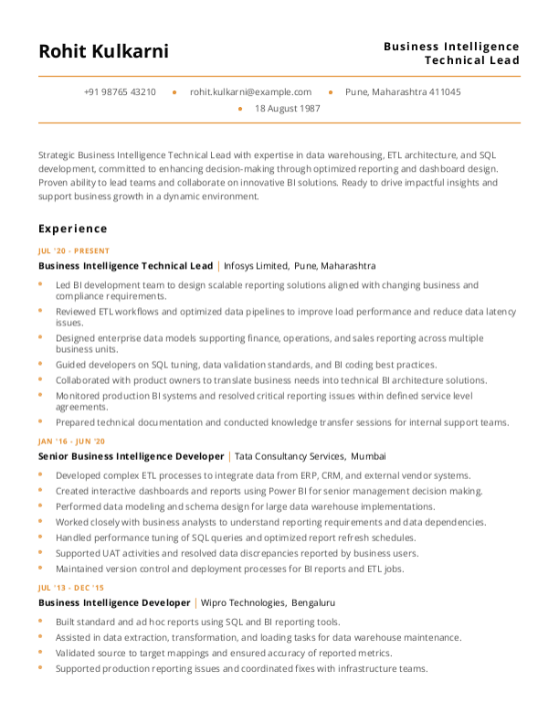 Business Intelligence Technical Lead Resume format in Word - Free Download