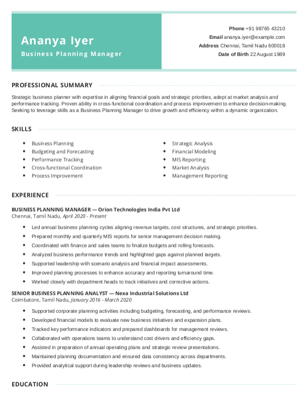 Business Planning Manager Resume format in Word - Free Download