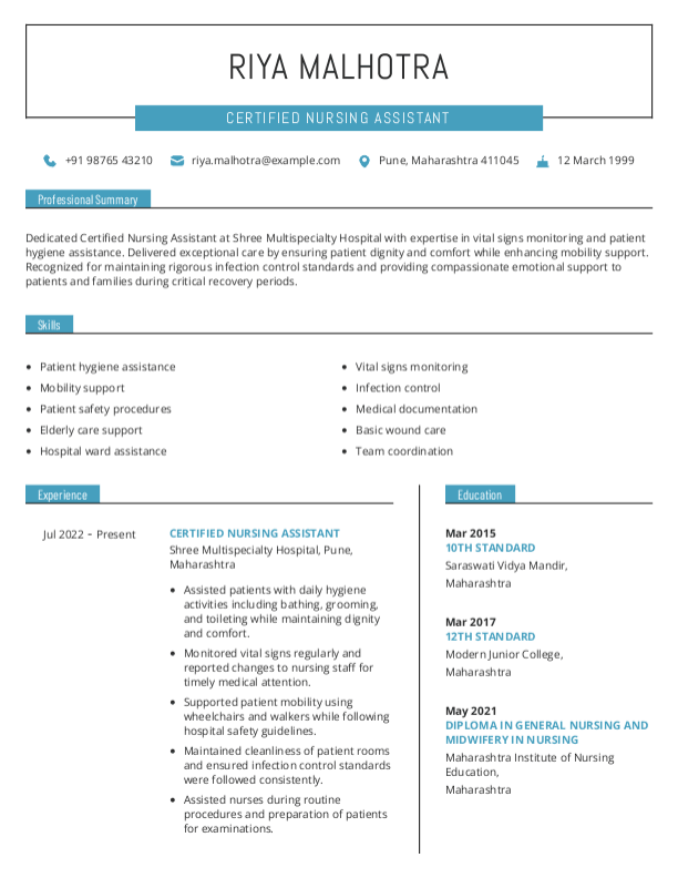 Certified Nursing Assistant Resume format in Word - Free Download