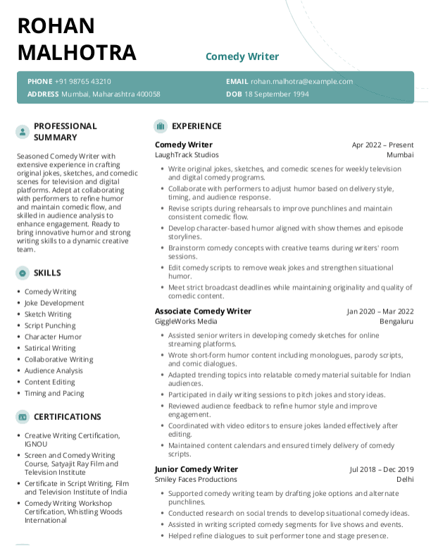 Comedy Writer Resume format in Word - Free Download