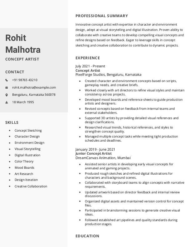 Concept Artist Resume format in Word | Free Download