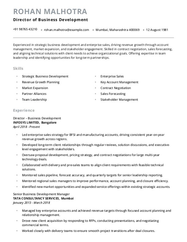 Director of Business Development Resume format in Word | Free Download