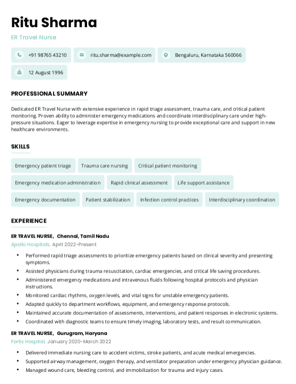 ER Travel Nurse Resume format in Word | Free Download