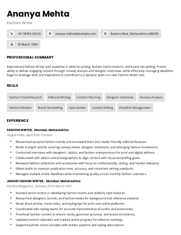 Fashion Writer Resume format in Word | Free Download