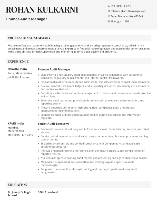 Finance Audit Manager Resume format in Word - Free Download