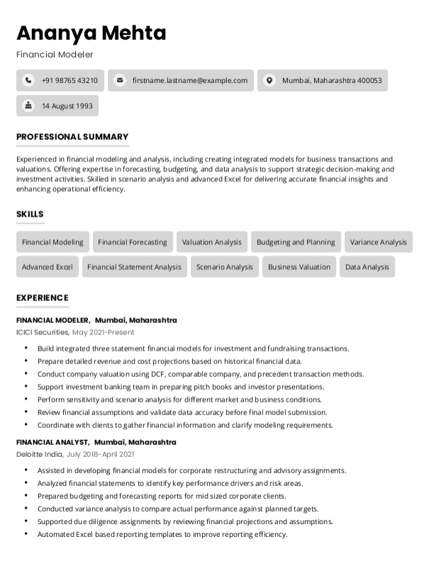 Financial Modeler Resume format in Word - Free Download