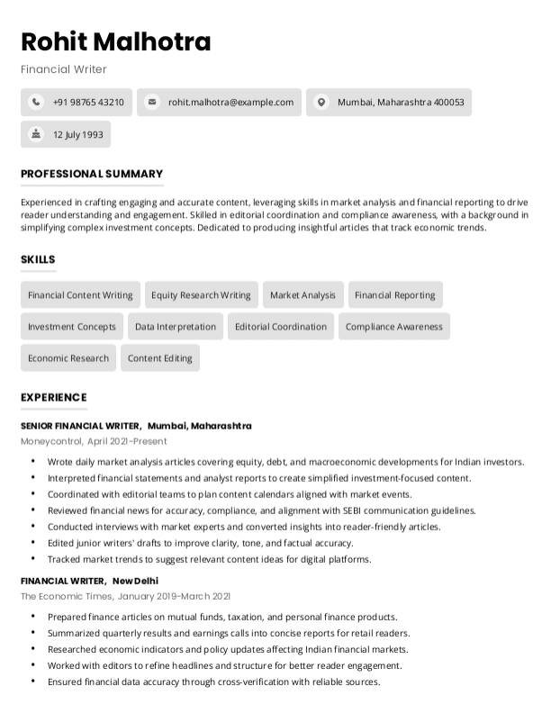 Financial Writer Resume format in Word | Free Download