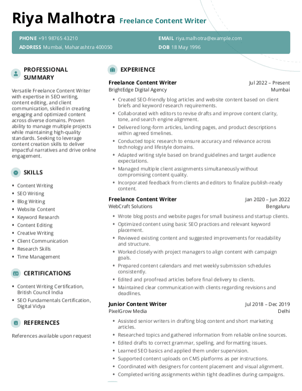 Freelance Content Writer Resume format in Word - Free Download