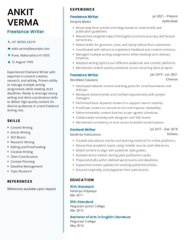 Freelance Writer Resume format in Word - Free Download