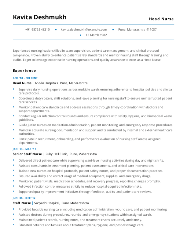 Head Nurse Resume format in Word - Free Download