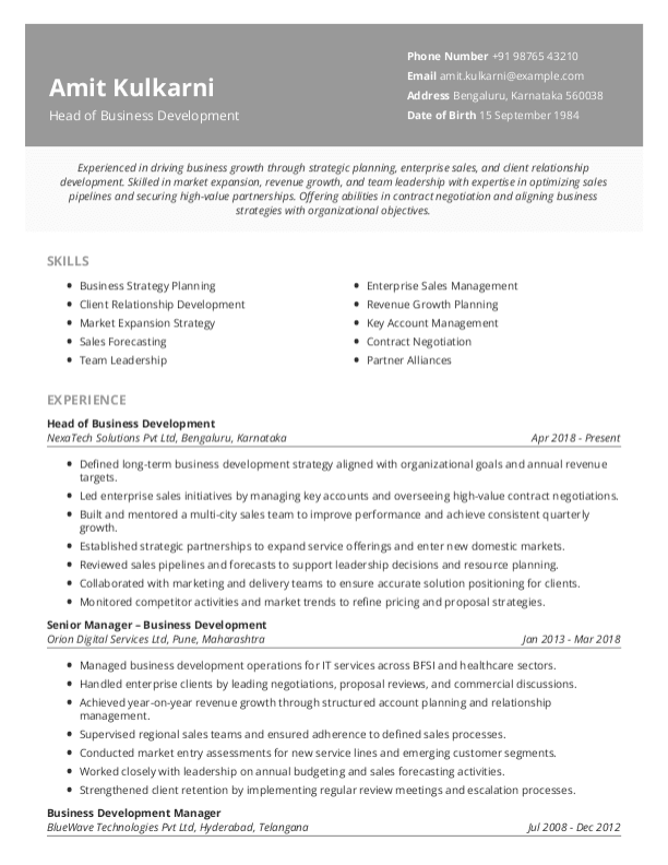 Head of Business Development Resume format in Word | Free Download