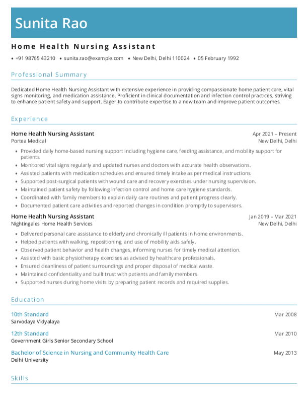 Home Health Nursing Assistant Resume format in Word - Free Download