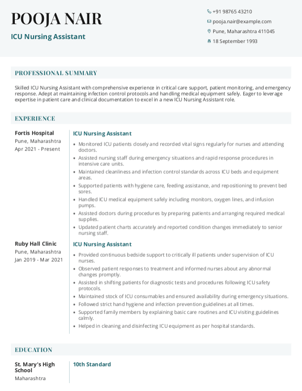 ICU Nursing Assistant Resume format in Word - Free Download