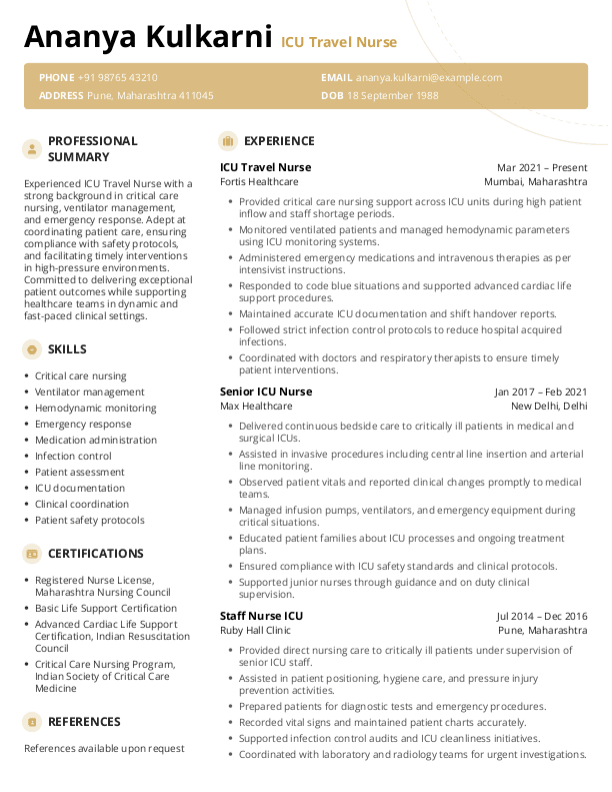 ICU Travel Nurse Resume format in Word - Free Download