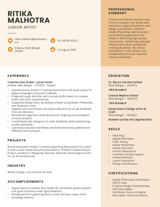 Junior Artist Resume format in Word - Free Download