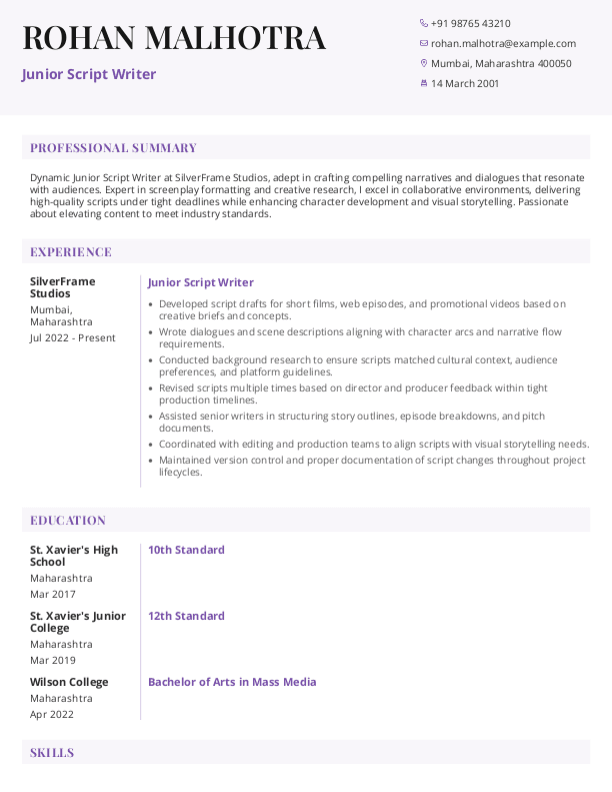 Junior Script Writer Resume format in Word - Free Download