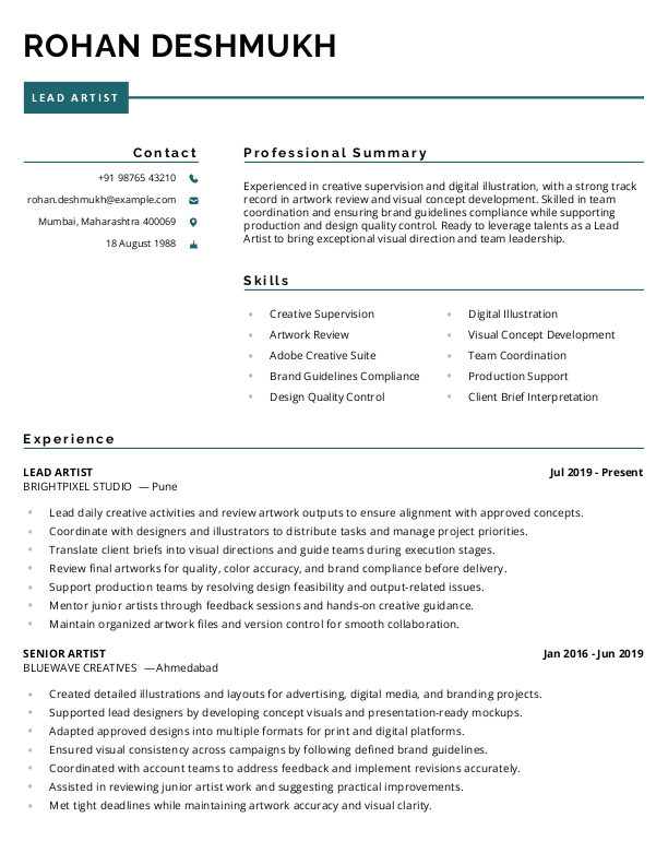 Lead Artist Resume format in Word | Free Download