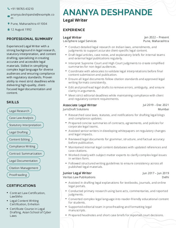 Legal Writer Resume format in Word - Free Download