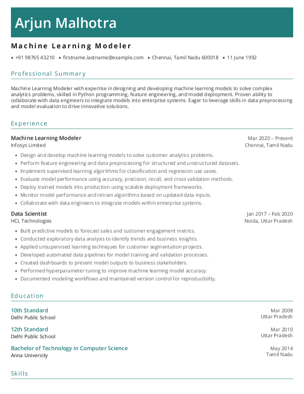 Machine Learning Modeler Resume format in Word - Free Download