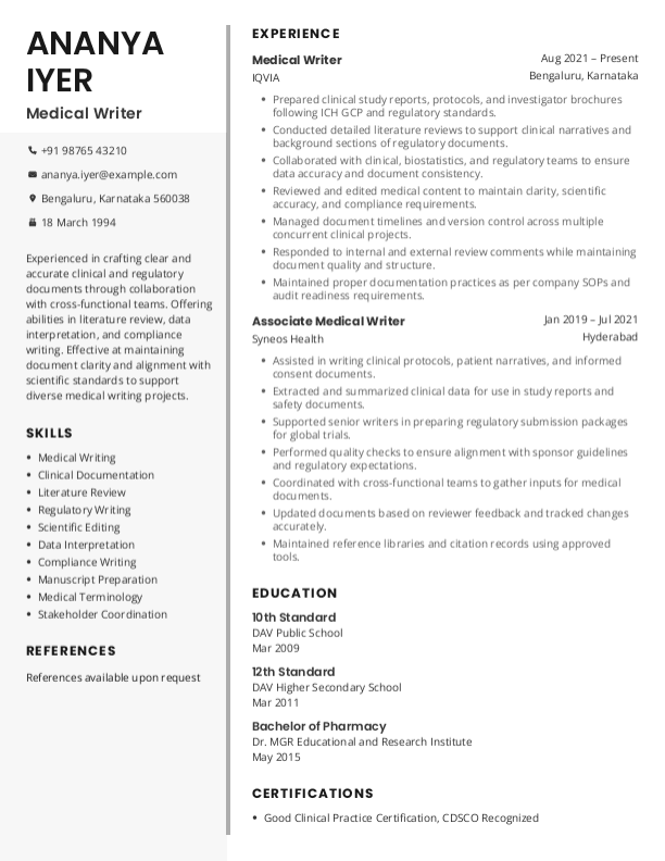 Medical Writer Resume format in Word | Free Download