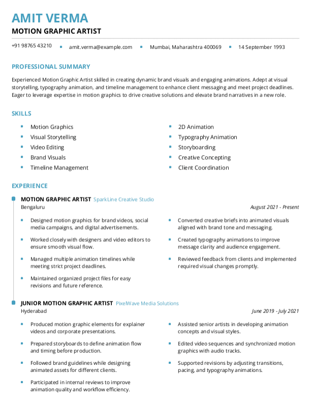 Motion Graphic Artist Resume format in Word | Free Download