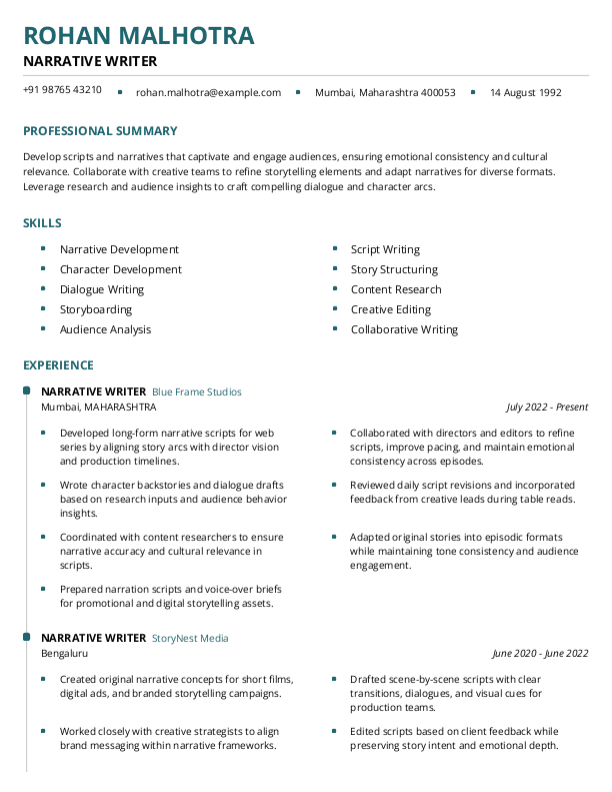 Narrative Writer Resume format in Word - Free Download