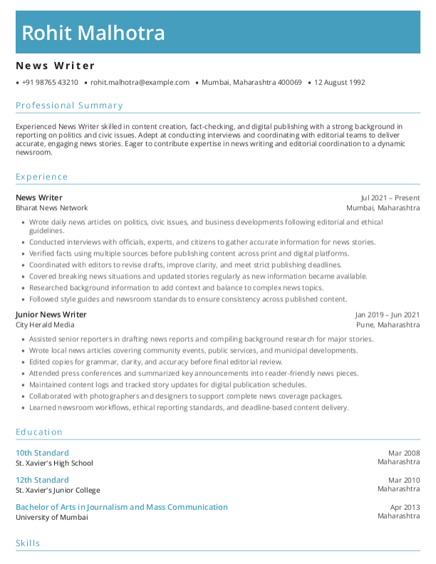 News Writer Resume format in Word - Free Download