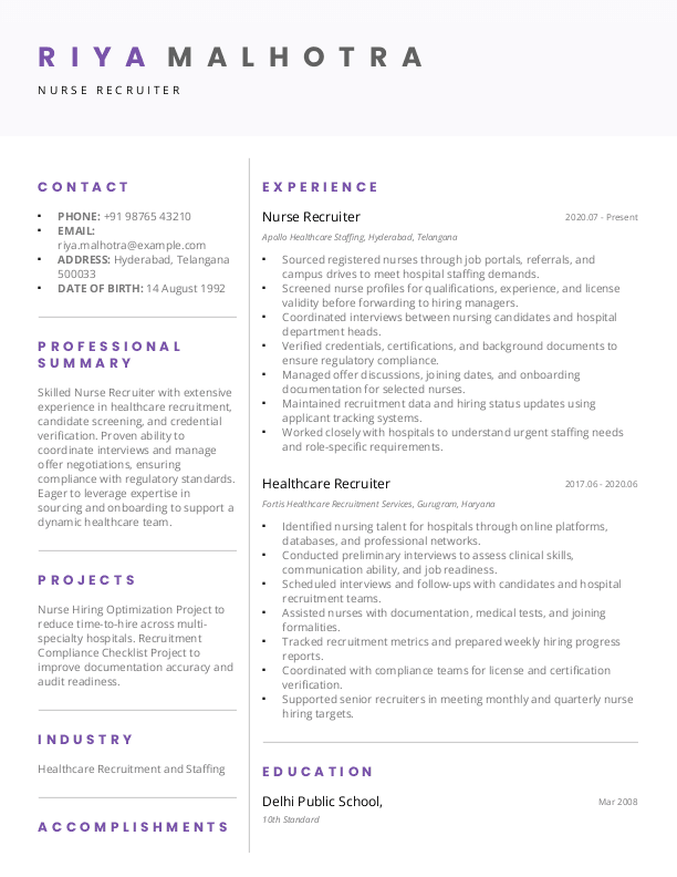 Nurse Recruiter Resume ATS format in Word | Free Download