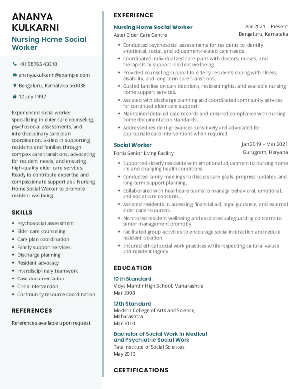 Nursing Home Social Worker Resume ATS format in Word | Free Download