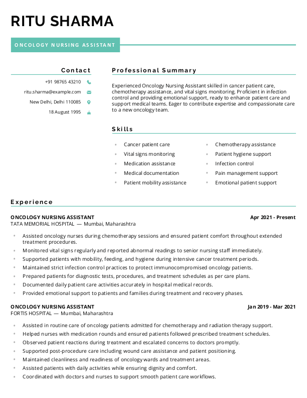 Oncology Nursing Assistant Resume format in Word - Free Download