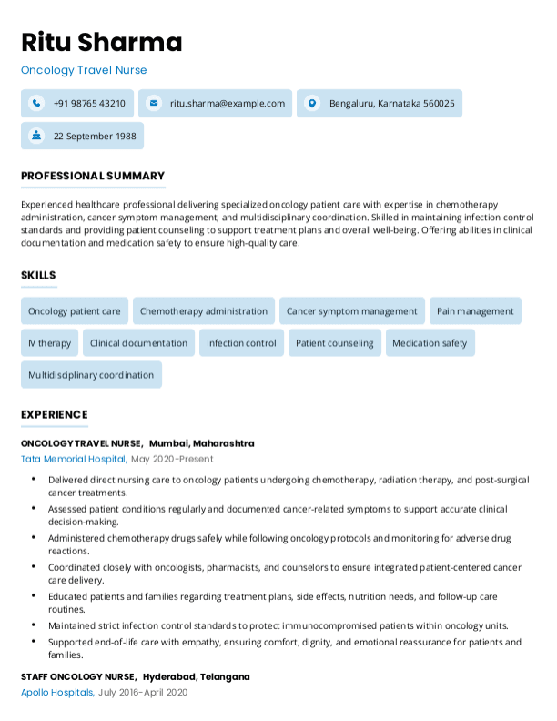 Oncology Travel Nurse Resume format in Word - Free Download