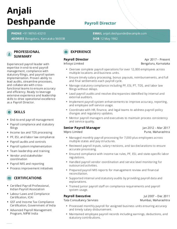Payroll Director Resume format in Word - Free Download